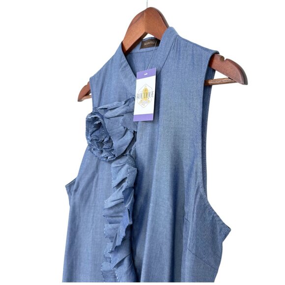 The Limited L Blue Sleeveless Blouse Button Ruffle Front Fabric Flower Shirt NWT - Picture 14 of 16